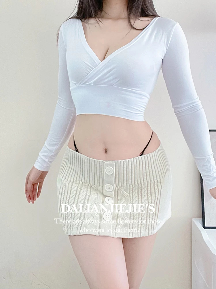 

29cm Unlined Mini Skirt With High Elasticity Knit Skirt Slim Sweet Women Mini Skirts Knit 2025 New Sweet Off White Skirts YYS7