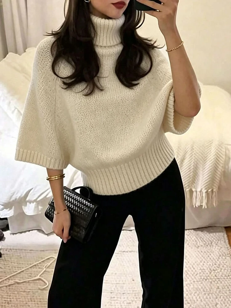 Autumn Temperament High Neck Pleated Waist Pullover Fashion Knitted Loose Outdoor Date Sweater Elegant Solid Bat Sleeve Blouses