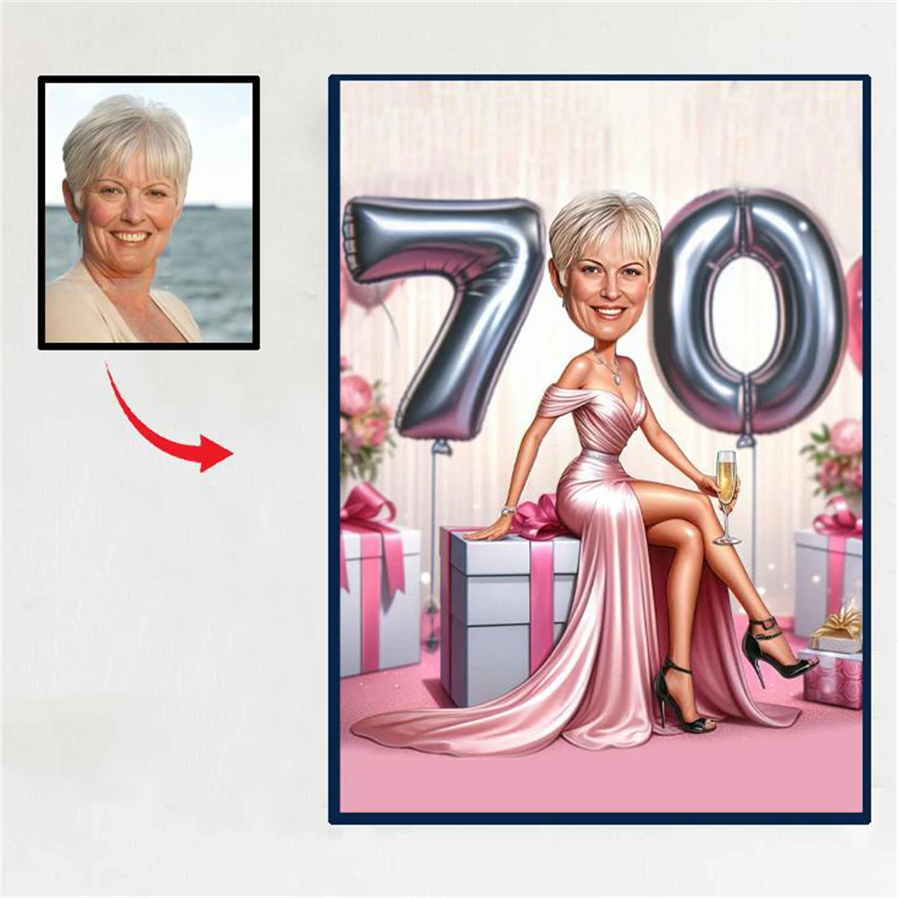 

Custom Modern Lady 70th Birthday Poster Silver Balloon 60th Anniversary Prints Home Bedroom Decoration 30th Birthday Canvas