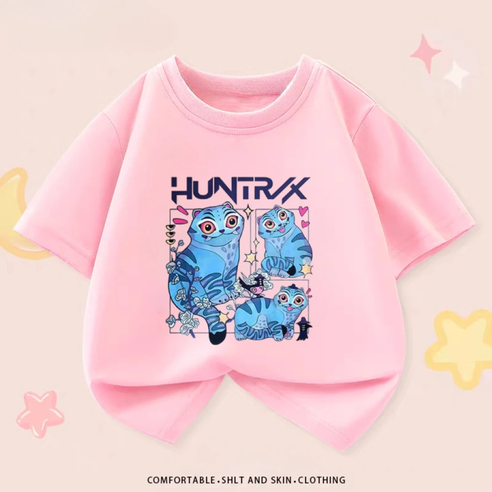 

Pink Girl Tshirts Print Kpop Demon Hunters Fashion Kids Short Sleeved Tops Children Tees Solid Color Casual Child Summer Clothes