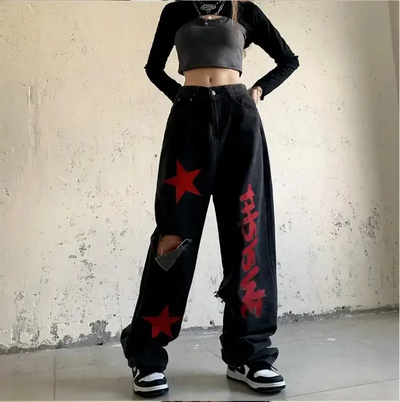 

Женская одежда Рваные джинсы Красная звезда Брюки-карго с принтом Goblincore Cyber Y2k Джинсовые широкие брюки Повседневные прямые мешковатые брюки