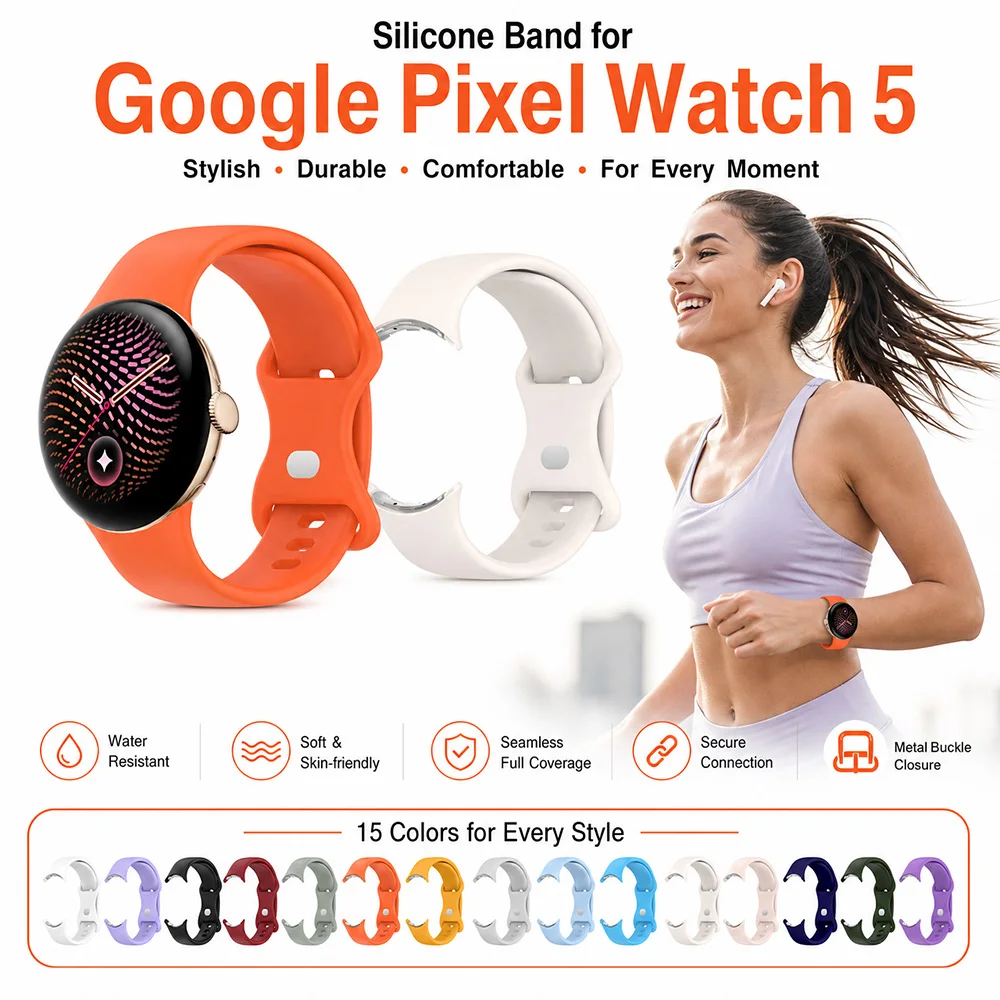 Original Silicone Strap for Google Pixel Watch 5 45mm Watch 4 45mm Waterproof Replacement Band for Google Pixel Watch 5 4 3 2