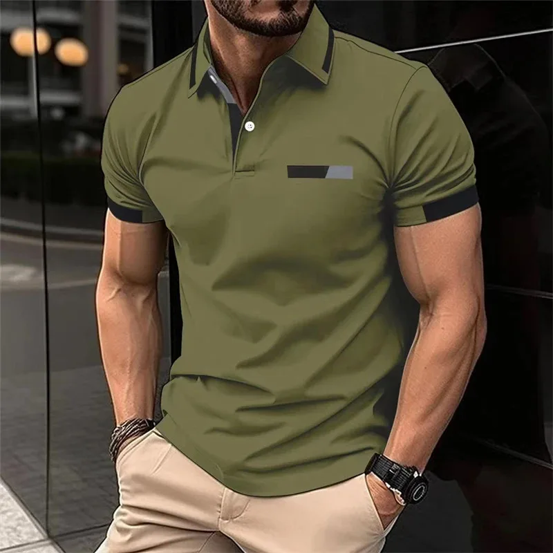 Men's fitness casual sports T-shirt, gym running sports elastic short-sleeved Polo shirt, lapel top, men's tight T-shirt