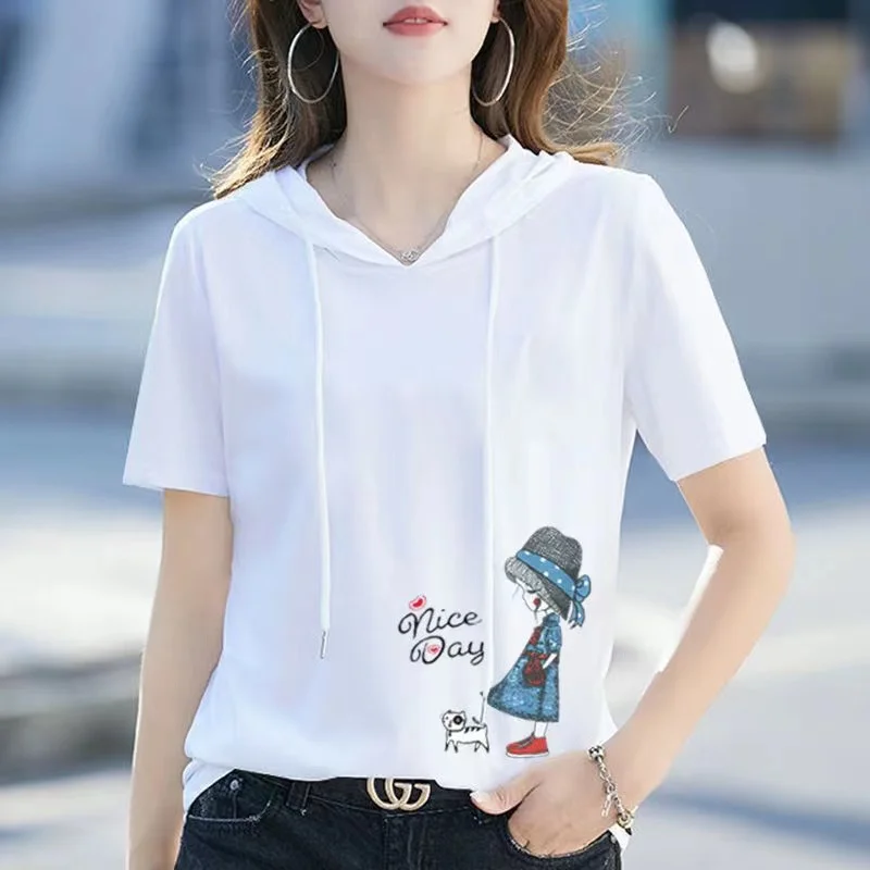 Cotton short sleeve T-shirt female 2023 han edition easy leisure ins summer wear new jacket hooded fleece