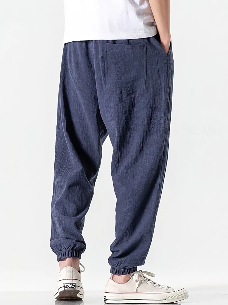 100% Cotton Linen Casual Sport Joggers Pants Men Loose Quick drying Lighweight Sweatpants Walking Harem Trousers