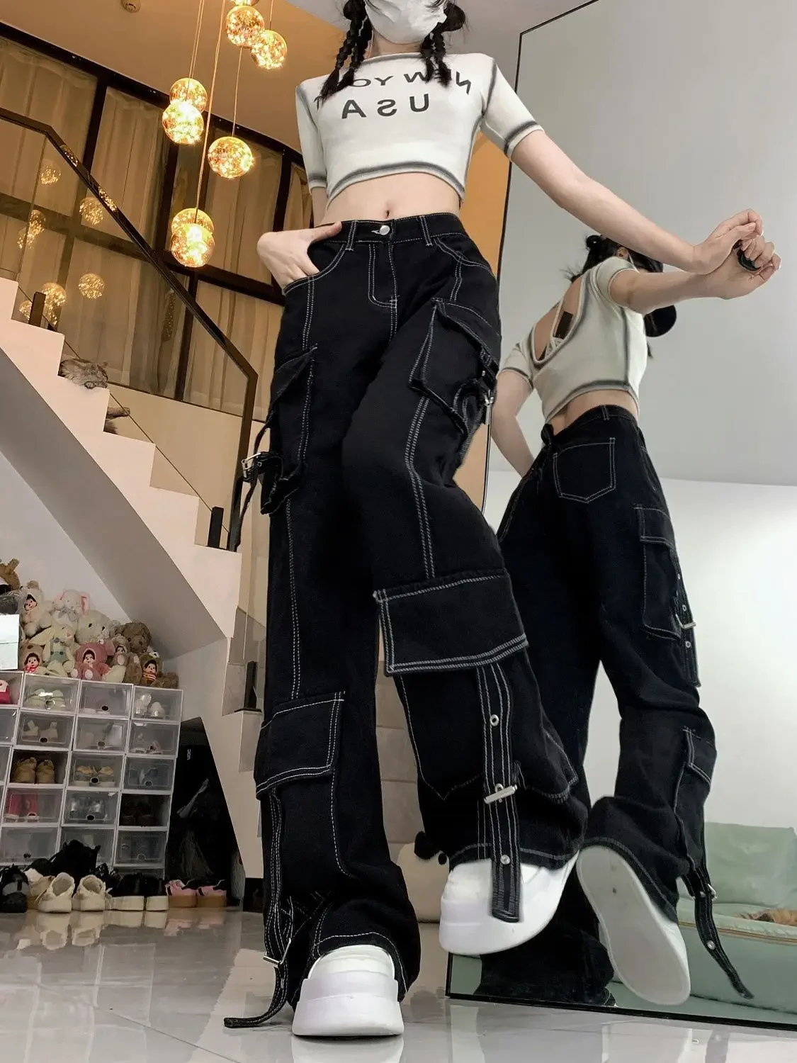 American Retro High Street Cargo Jeans 2025 Autumn Women High Waist Y2K Streetwear Wide Leg Denim Pants Vintage Baggy Trousers