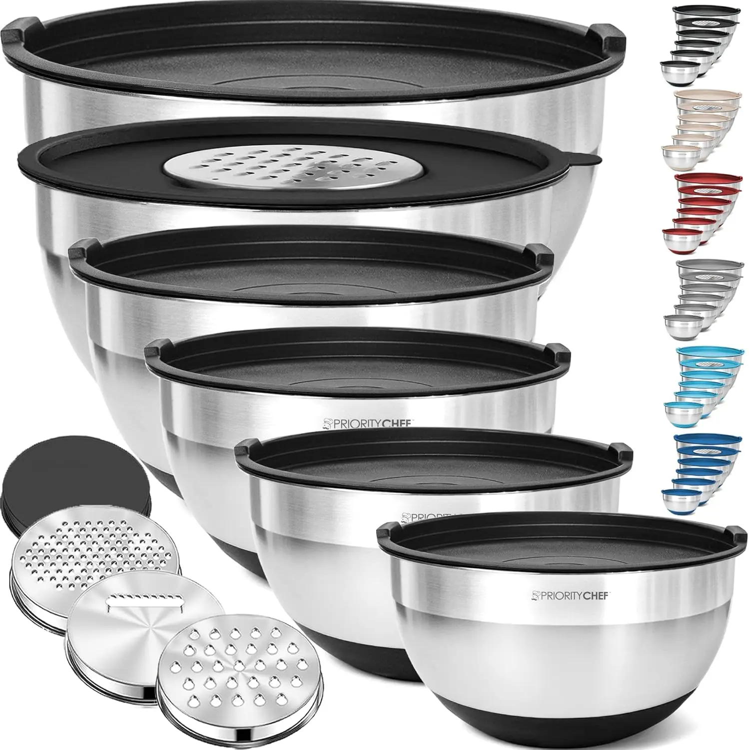 

6-Piece Large Mixing Bowls Set with Lids, Non-Slip Bases, Stainless Steel, Airtight and Includes 3 Graters in Black