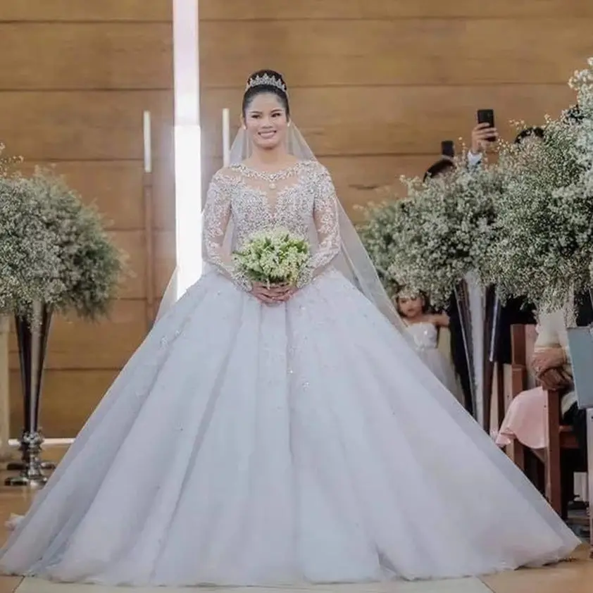 เจ้าหญิงชุดราตรีงานแต่งเดรสวินเทจแขนยาวลูกปัดชุดเจ้าสาว Vestidos De Novia Robe De Mariage 2023