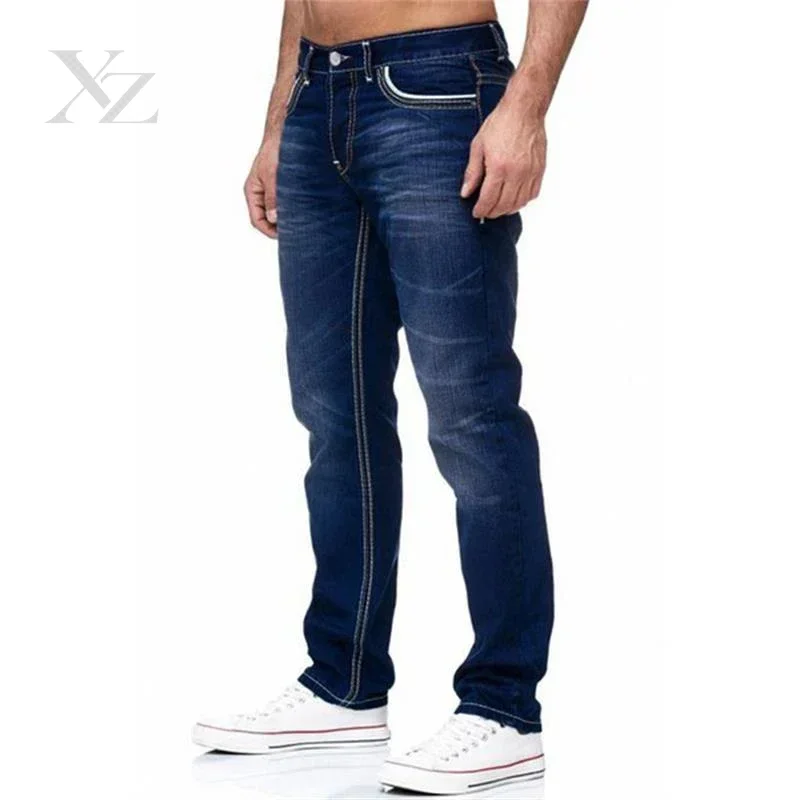2025 New Trend High Quality Jeans Classic Straight Pants Street Blue Washed Solid Color Elastic Slim Fit Men