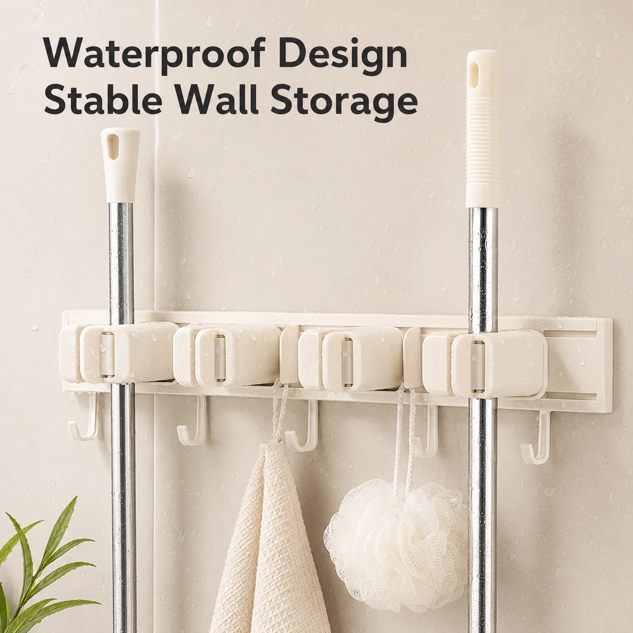 Wall Mounted Mop Holder No Drilling, Bathroom Broom Organizer with Hooks, Self Adhesive Cleaning Tool Storage Rack