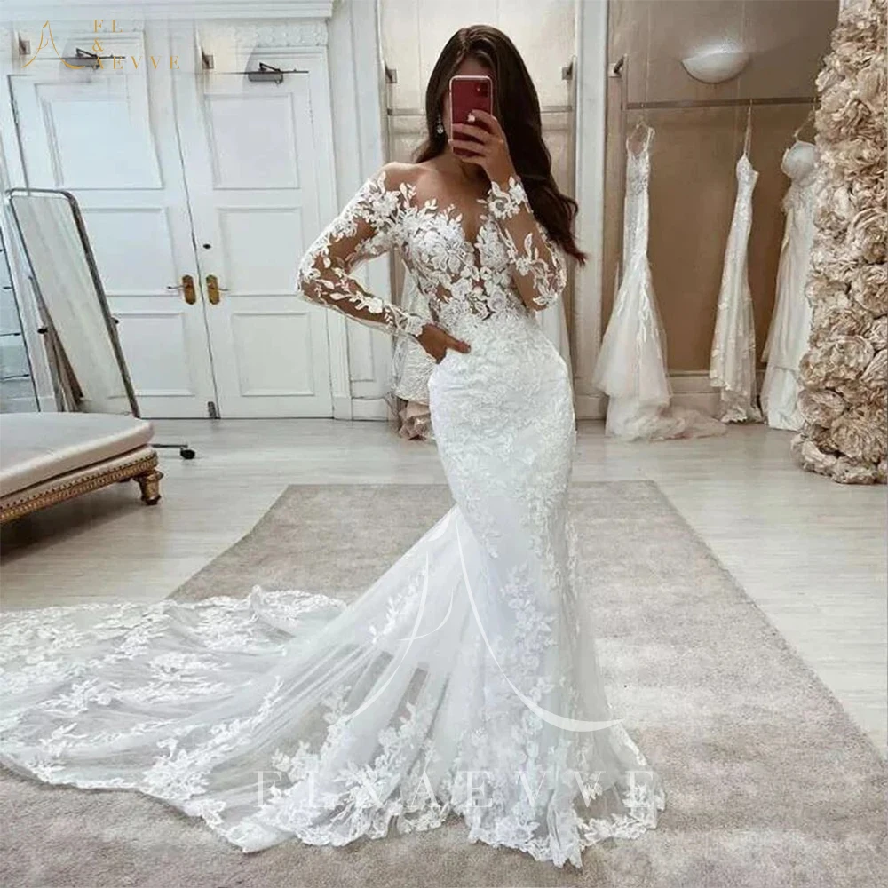 Boho Wedding Dresses Mermaid Lace Long Sleeves Wedding Gown White Ivory Luxury Bridal Dress Wedding Gown for Women Customized