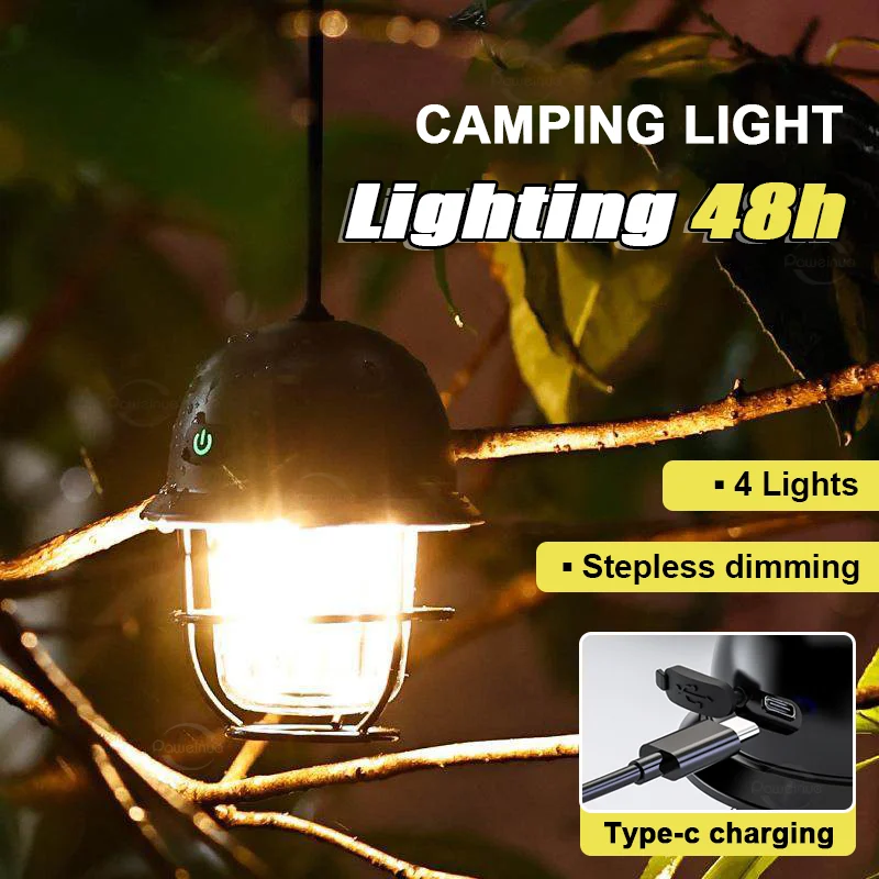 

LED Camping Lamp Retro Hanging Lamp Portable Stepless Dimming Camping Tent Light Waterproof Rechargeable Outdoor Light Lantern