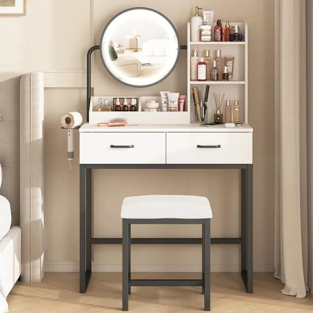 Dressing Table with Light and Round Mirror, Small Dressing Table Set with Ample Storage Space and 3 Lighting Modes