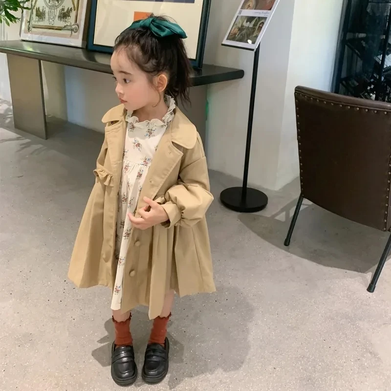 2-10 Years Girls Khaki Dress Jackets Kids Turn Down Collar Trench Coat for Girls Cute Bow Long Outwear Toddler Windbreaker 6 8