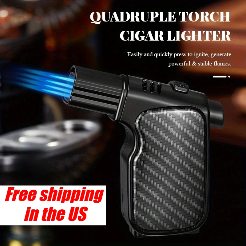 4 Jet Flame Windproof Butane Lighter-Refillable,Safety Lock,Durable Metal,High-Quality Ignition,Cigar Accessory,Gift for Men