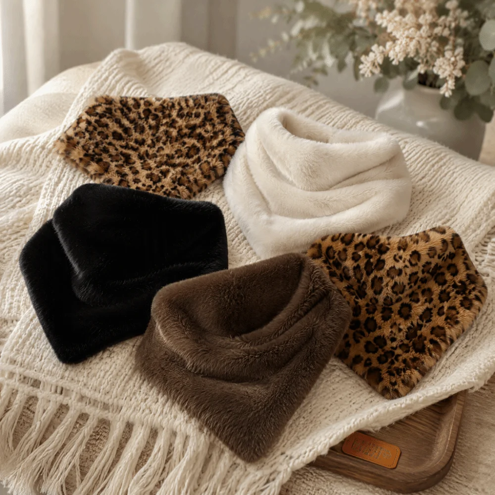 Office Soft Plush Triangle Scarf Leopard Print Warm Faux Fur Scarf Lightweight Solid Color Winter Neck Warmer Cold Weather