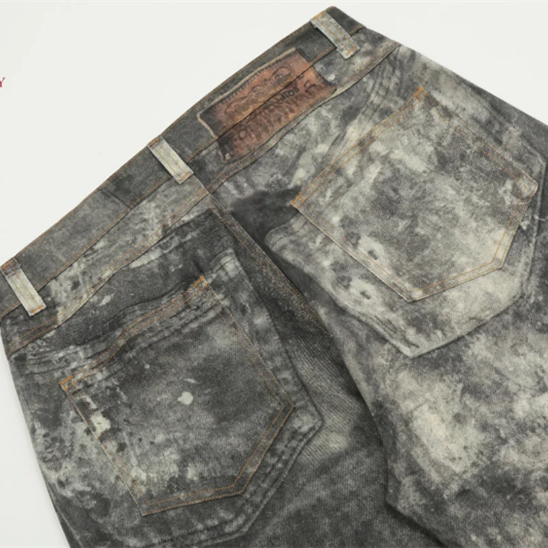 Nowe 24ss High-end 1981. Vintage Splashed Ink Grey Mistake Effect Tinted Printed Low Waisted Wide Leg Mens Womens Jeans