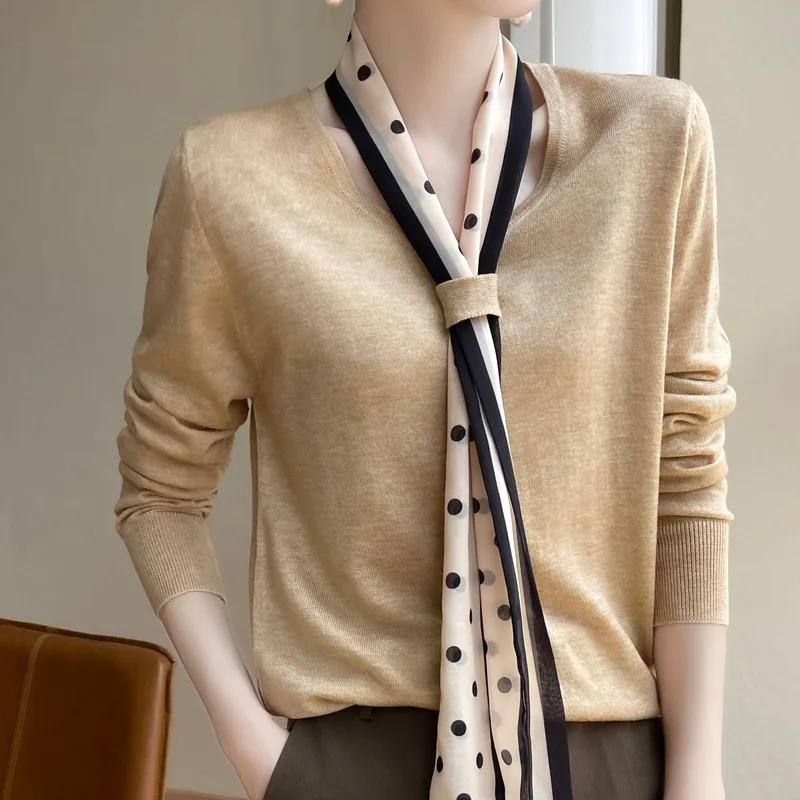 Polka Dot Ribbon Beautiful Long Sleeve Shoulder Wool Knitted T-shirt Bottoming Shirt Ladies Temperament Spring V-Neck Shirt