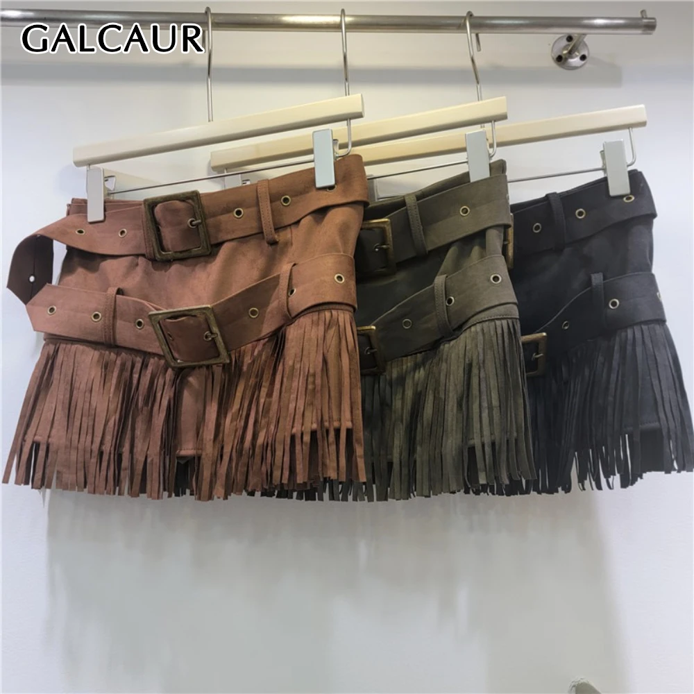 

GALCAUR Solid Spliced Sashes Basics Skirt Female High Waist Slimming Patchwork Tassel Women's Skirts Autumn Fashion New Style