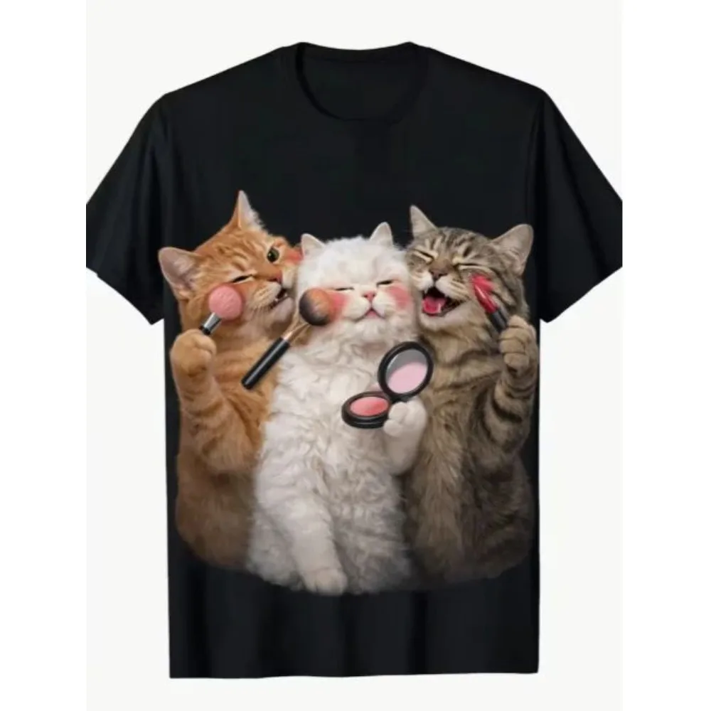 Funny Makeup Three Cats 3D Print Men T Shirt Round Neck Loose Summer Casual Streetwear Soft Short Sleeve Tee