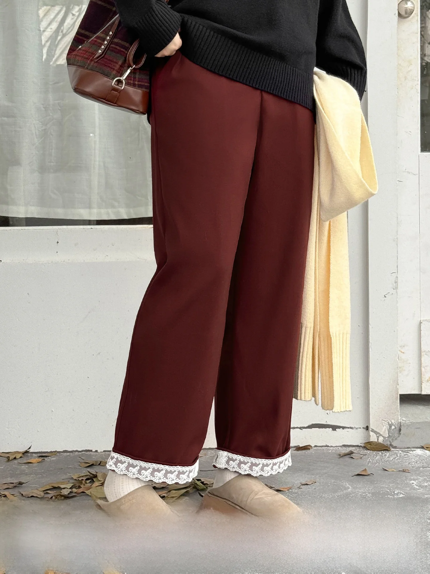 

Женские повседневные широкие брюки большого размера с высокой талией и кружевной отделкой, потертый подол, осень-зима, смесь полиэстера и спандекса, прямой крой