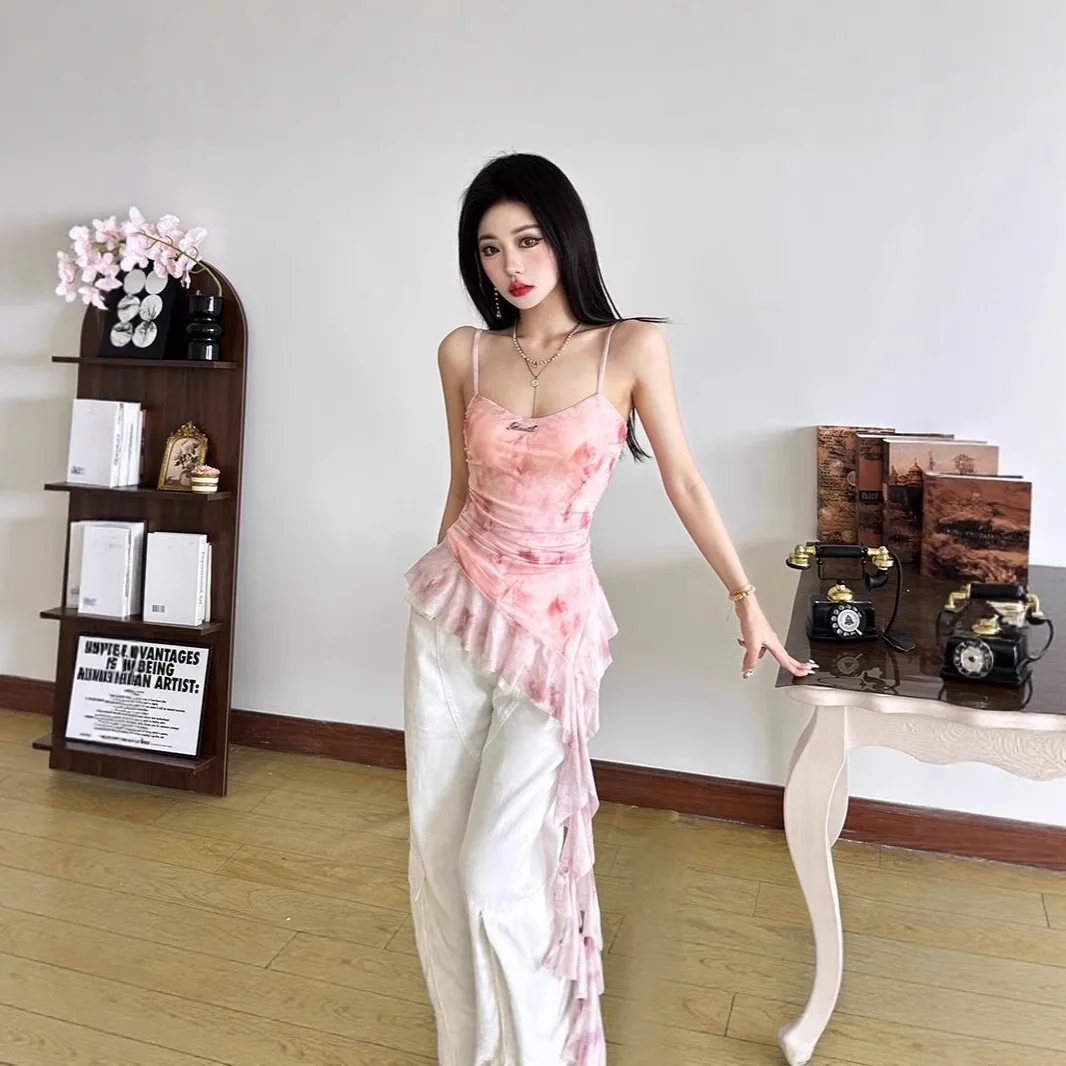 2025 New Sweet Slim Fashion Vest Women Summer Trend Shoulder Baring Shaped Waist Backless Ruched Ruffles Ribbon Print Streetwear