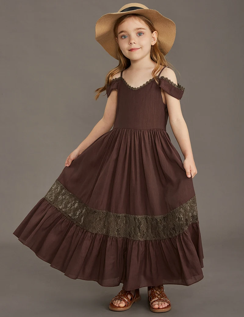 New Summer Strap Ruffle Girls Solid Color Slip Floor Long Dress Baby Kids Evening Party Dress Cloting for 4 6 7 8 10 12 Year