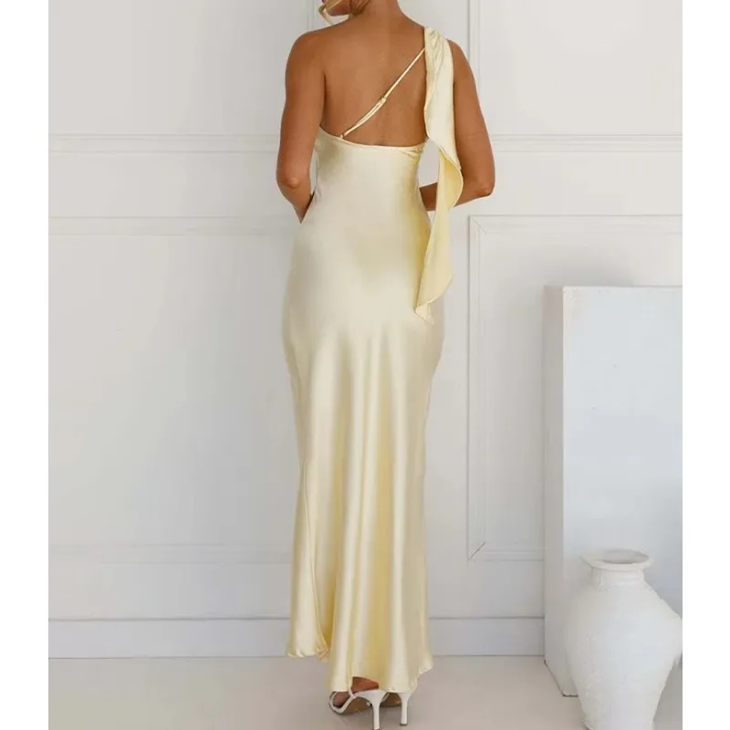One Shoulder Backless Sexy Maxi Dress Women Gown Satin Skew Collar Sleeveless Thigh High Split Club Party Long Dresses