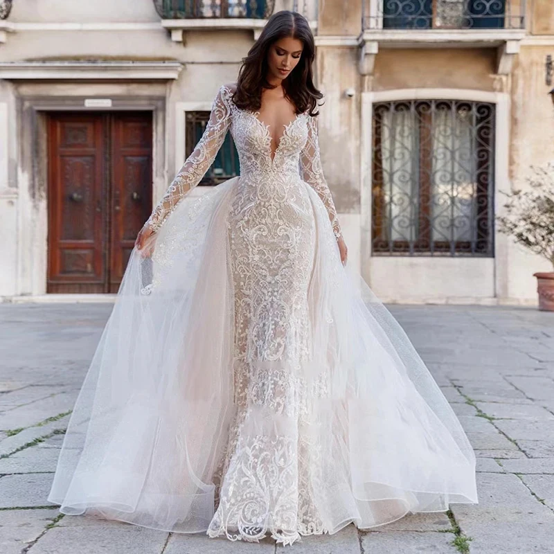 절묘한 인어 스타일 탈부착 가능한 2 in 1 웨딩 드레스 자수 레이스 네트 O넥 풀슬리브 신부 드레스 맞춤 제작
