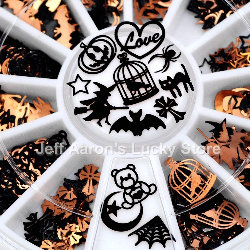 Gemengde 12 Vormen Zwarte Goud Metalen Halloween Kerst Nail Art Decoraties Slice Nail Folie Decals Nep Nagels Accessoires Wiel