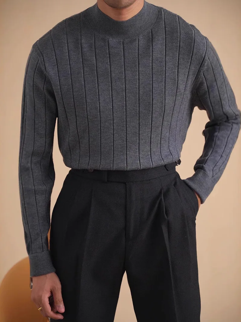 

Модный удобный мужской шелковый свитер с длинным рукавом в полоску, с высоким воротником, повседневный, теплый, базовый, для весны и осени