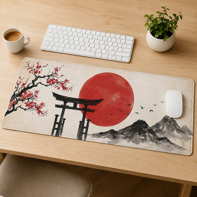 Mouse Pad Gamer Red Sun Sakura Torii XL Computer HD Home Mousepad XXL Playmat Natural Rubber Carpet Office PC Table Mat