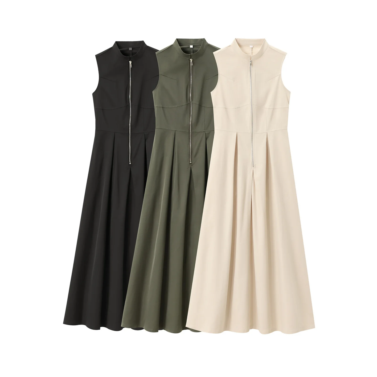 DSMTRC Women 2025 Newest Summer Sleeveless Skinny Robe Office Lady Commute Dress Fashion O-Neck Zipper High Waist A-line Dresses