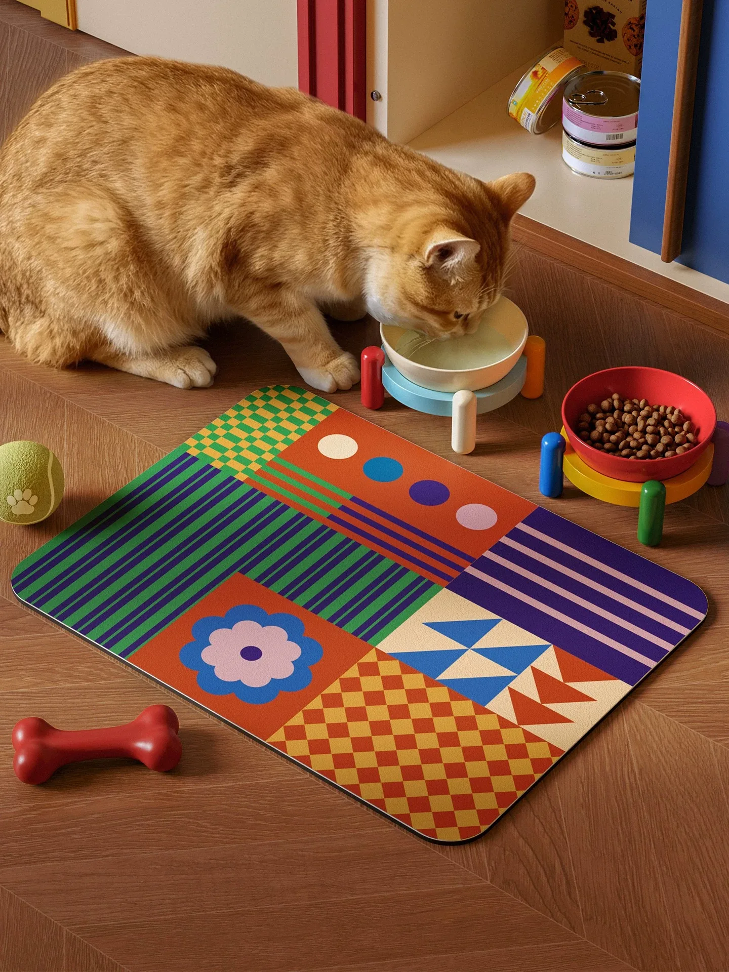 Modern Geometric Patchwork Pet Placemat Waterproof Leather Dog Cat Food Water Bowl Mat Anti-Slip Tableware Pad