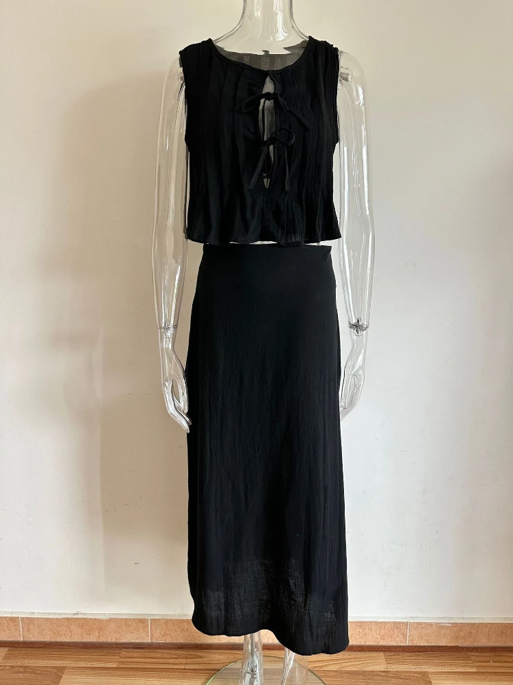 EOENKKY Conjunto de saia de linho de algodão branco moda feminina blusa de renda + saia maxi roupas verão elegante causal férias conjunto de 2 peças