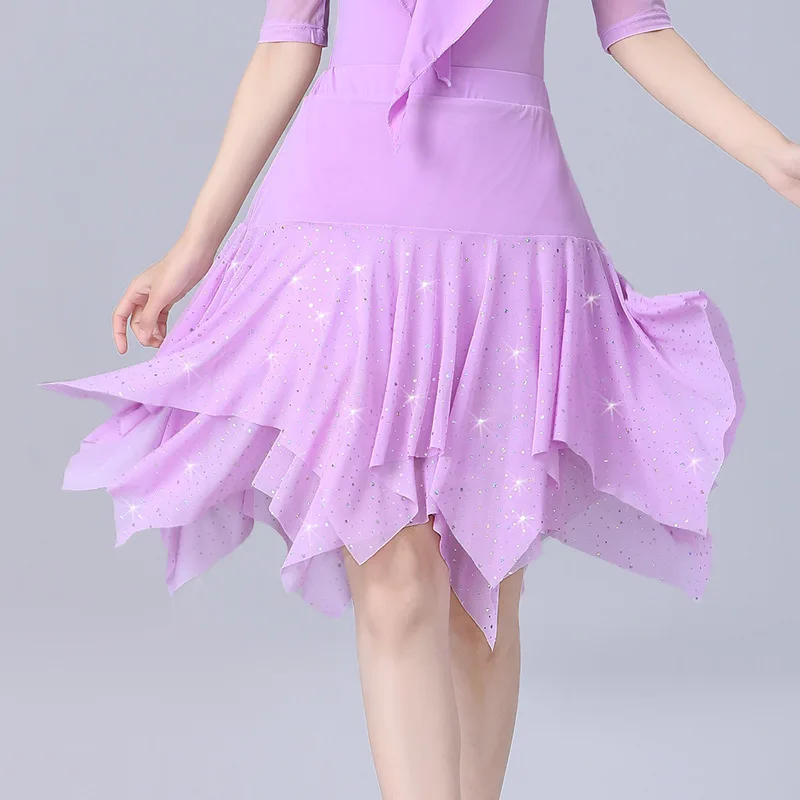 Traje de actuación de baile latino, habilidades de entrenamiento de competición, faldas irregulares Jitba de tres pasos para mujeres y adultos