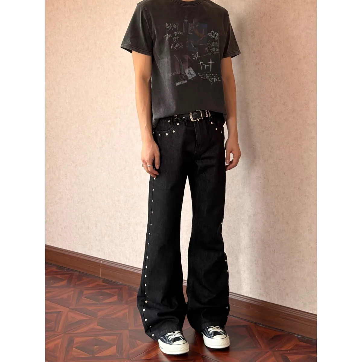 Retro American Leopard Print Pocket Rivet Black Jeans Casual Straight Leg Loose Fit Men Women Autumn New Style Versatile Jeans