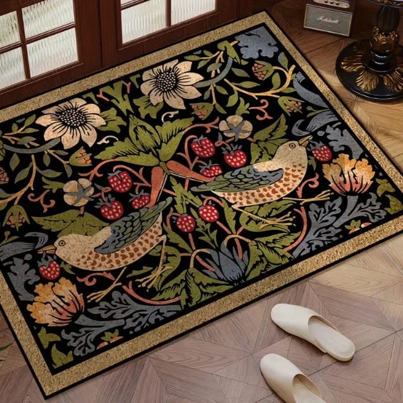 VIKAMA Retro William Morris Style Bird Strawberry Floral Coir Doormat Anti-slip Dustproof Front Door Entrance Decor Floor Mat