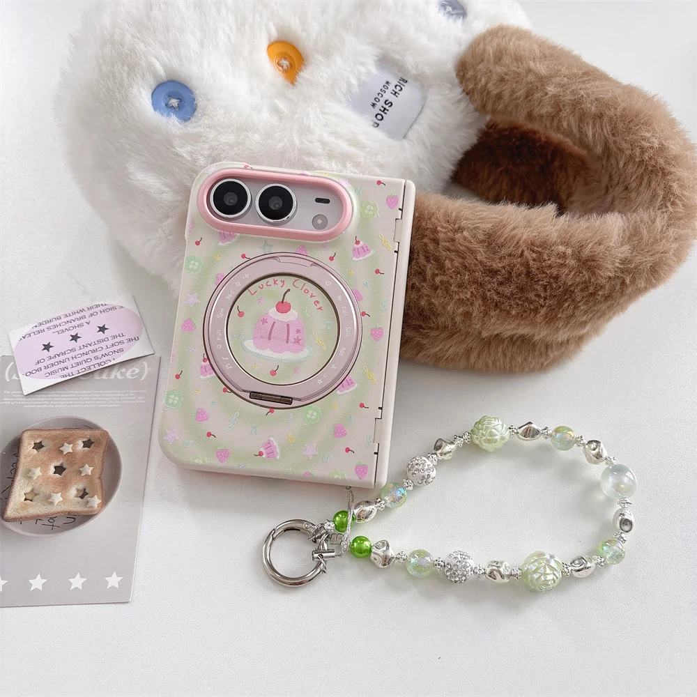 New Korea Ins Cartoon Cherry cake Magnetic Phone Case For iPhone Duo Foldable Protective Cover Cute Cases Shockproof with Chain
