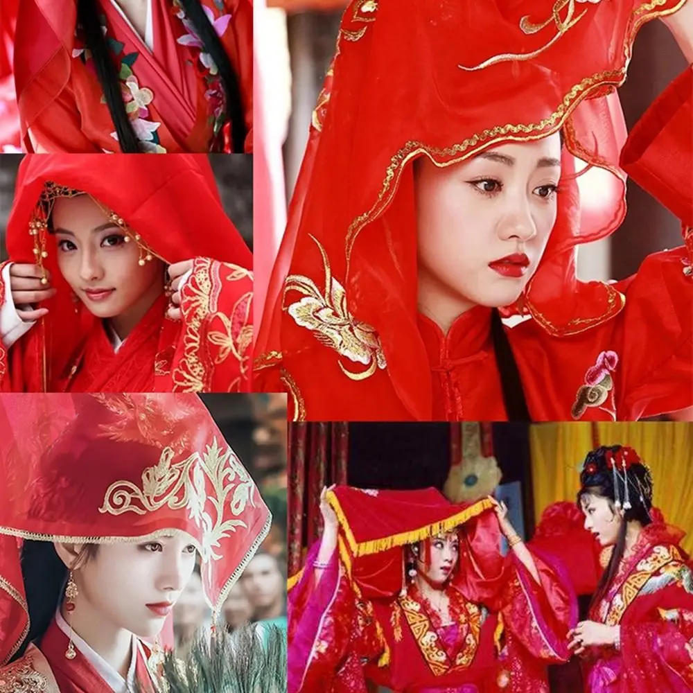 フェニックスウェディングアクセサリー 刺繍入り古代風タッセル付き赤いベール ブライダルヘッドウェア 中国風ウェディングヘッドウェア レースベール 花嫁ベール