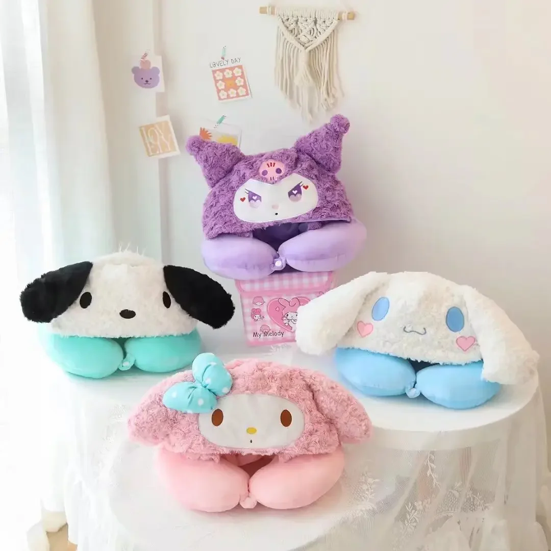 Sanrio Cute U-shaped Pillow with Cap Anime Kuromi Cinnamoroll Pochacco Travel Neck Pillow Nap Pillow Birthday Gifts For Girl