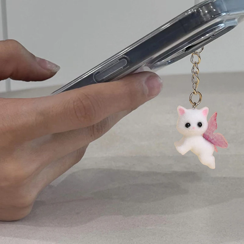 Cute Flocking Cat With Pink Butterfly Wings Keychain 3D Pendant Headphone Case Charm Bag Decor Car Key Ring Jewelry Gift