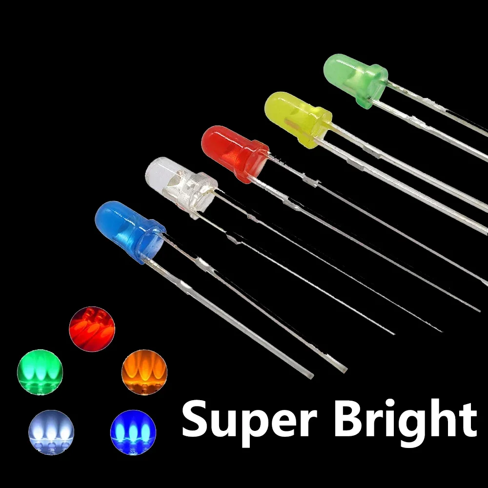 50/100 PCS 3mm Super Bright LED Diode 3V Multicolor Lamps White/Red/Yellow/Green/Blue Light Emitting Diodes Electronic Component