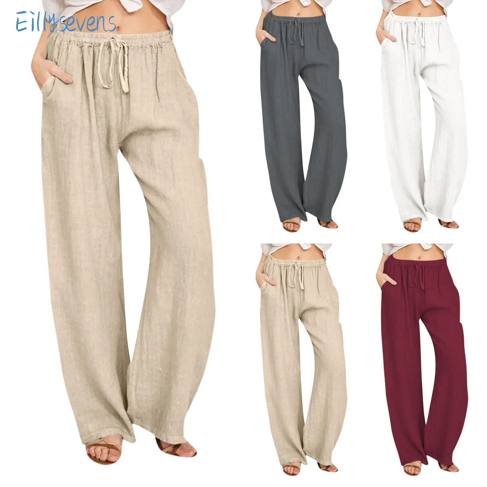 

Women'S Cotton And Linen Trousers Casual Loose Straight Wide Leg Pants Solid Drawstring Elastic Waist Long Pants With Pockets