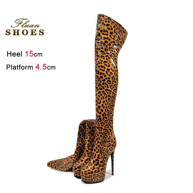 

Thick Soled Leopard Print Over The Knee Boots Autumn Winter Women Tall Boots Fashion Round Toe Side Zipper Stiletto Long Boot CD