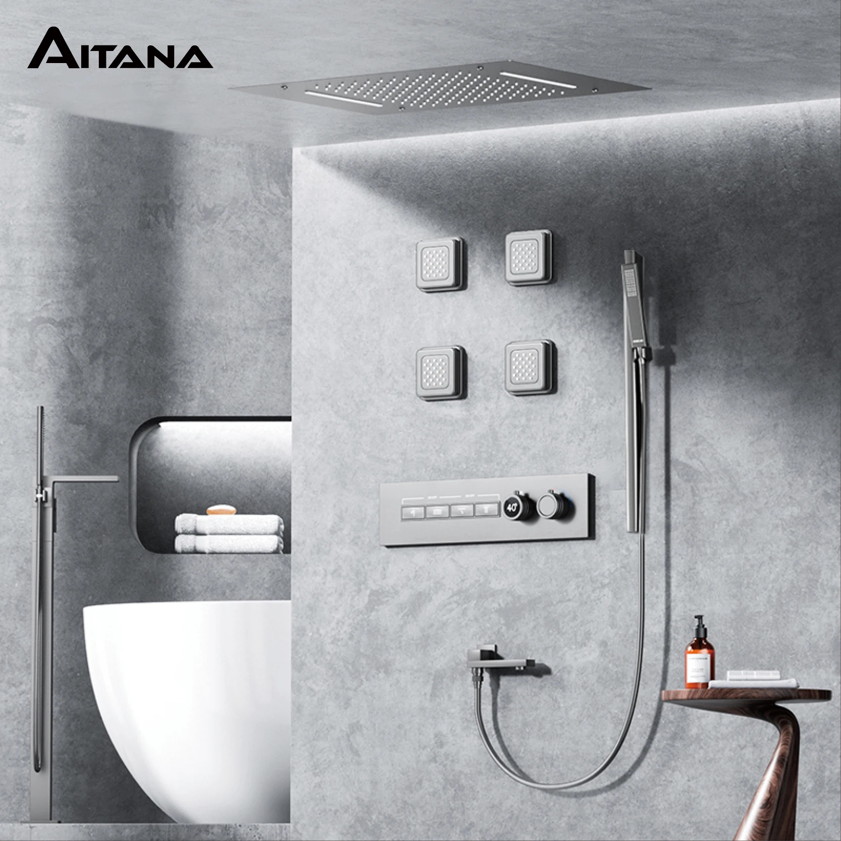 

Luxury Gun Grey Brass Thermostatic Shower System Ceiling-Embedded Rainfall&Waterfall Outlet with LED Display Bathroom Mixer Tap