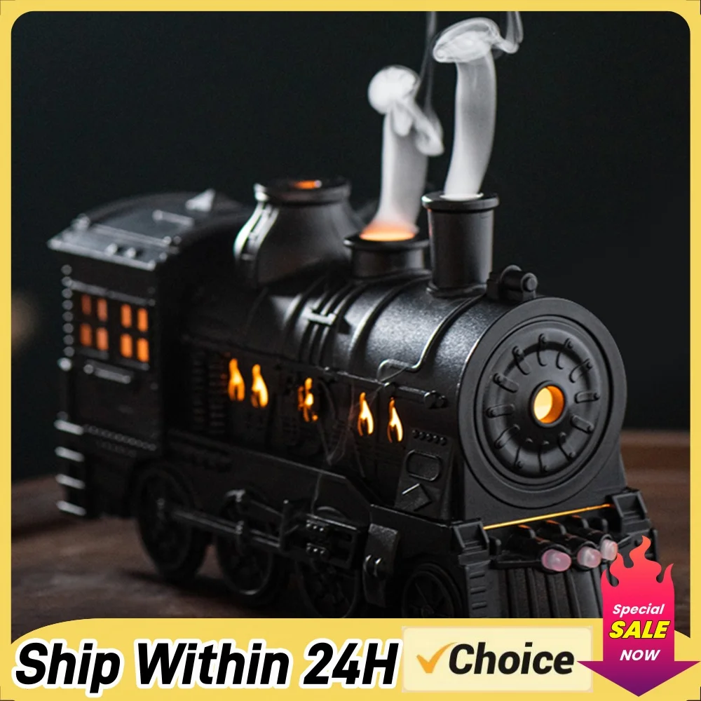 Retro Train Essential Oil Aroma Diffuser with RC Vintage Steam Train Humidifier 2-Color LED for Bedroom Living Room Night Light