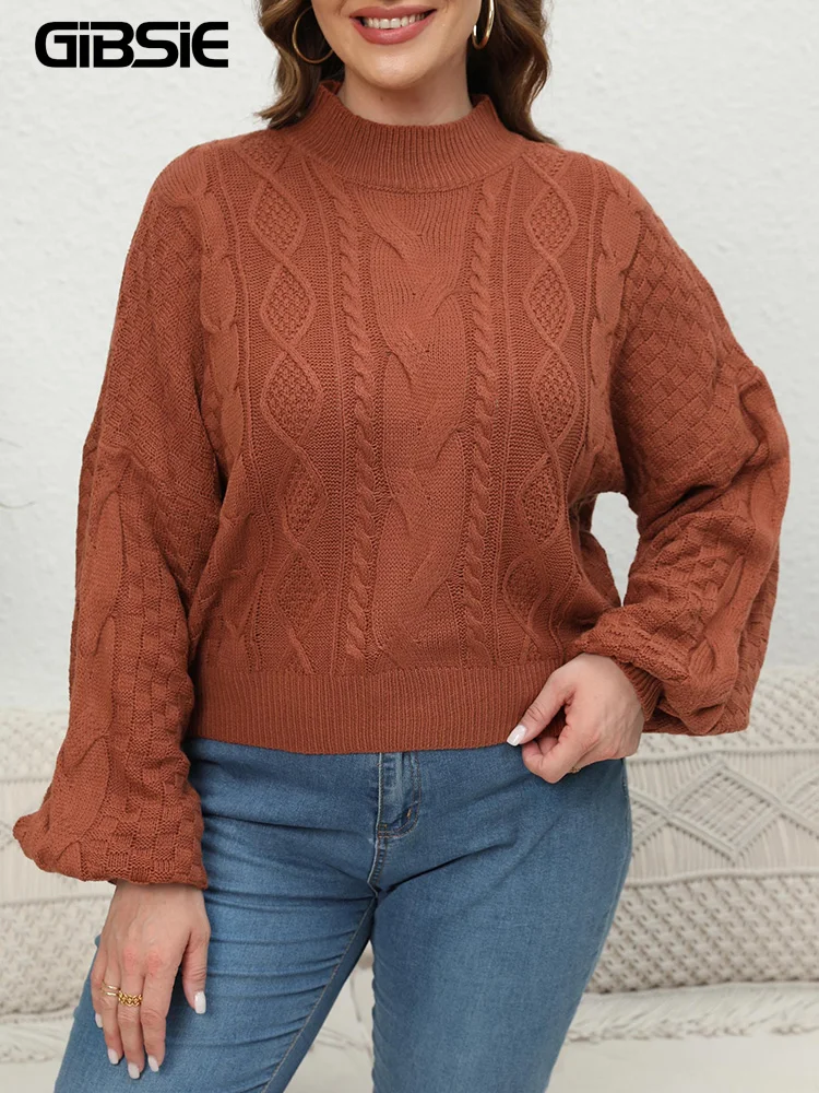 GIBSIE Plus Size maglioni corti da donna autunno inverno 2023 causale collo a lupetto lanterna Pullover a maniche lunghe maglione lavorato a maglia top