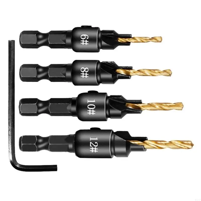 WXTC 4PCS CounternK Głowa wiertła sześciokątna otwór sześciokątny rozszerzający się wiertło nieregularne stolarki