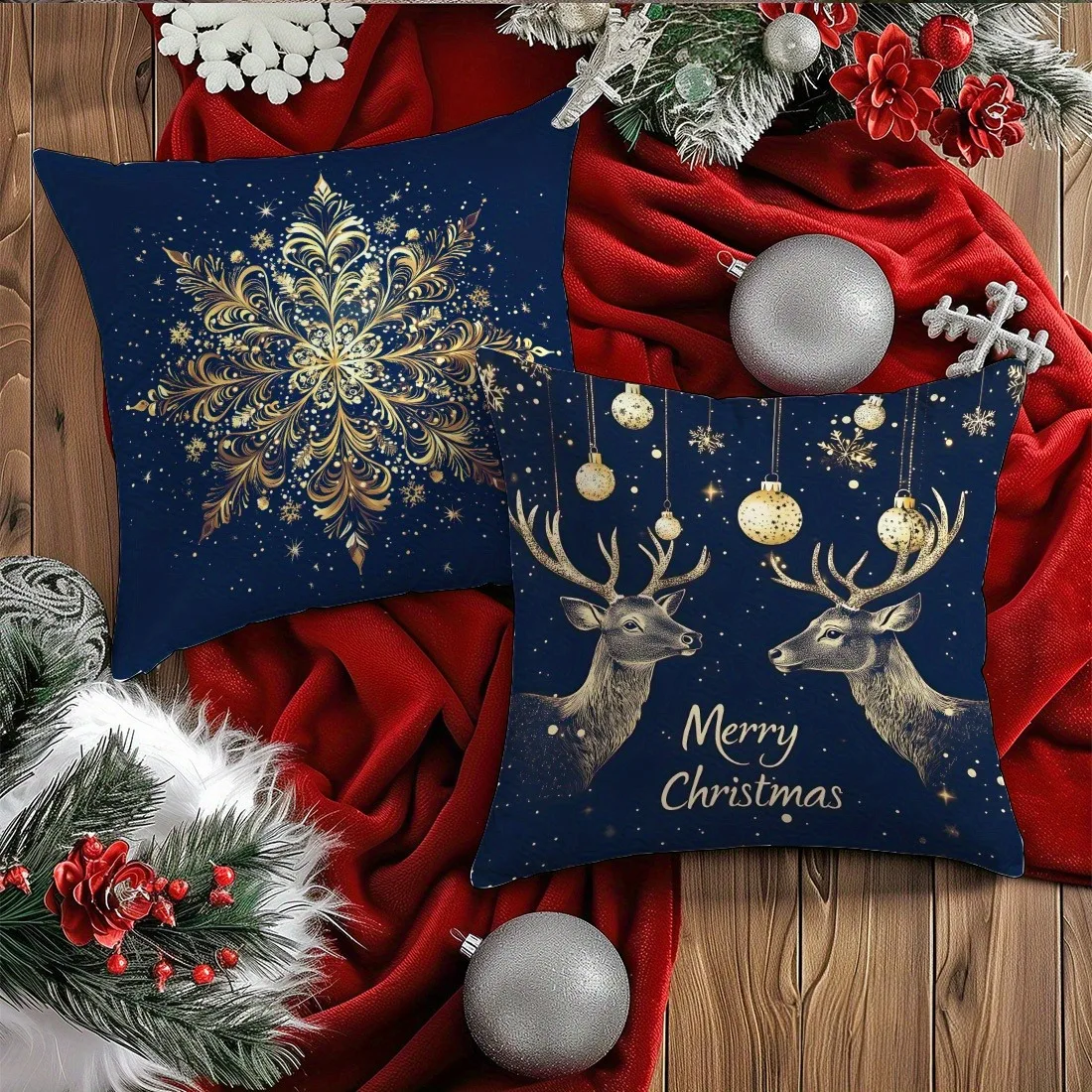 Fundas de almohada con tematici navideña: diseños de copos de nieve، cervos، campanas y arbboles de Navidad، Funda de cojín #2